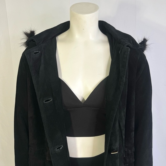 VERNISSAGE VINTAGE BLACK LEATHER TRENCH COAT WINTER COAT WITH FAUX FUR LARGE - Picture 9 of 17